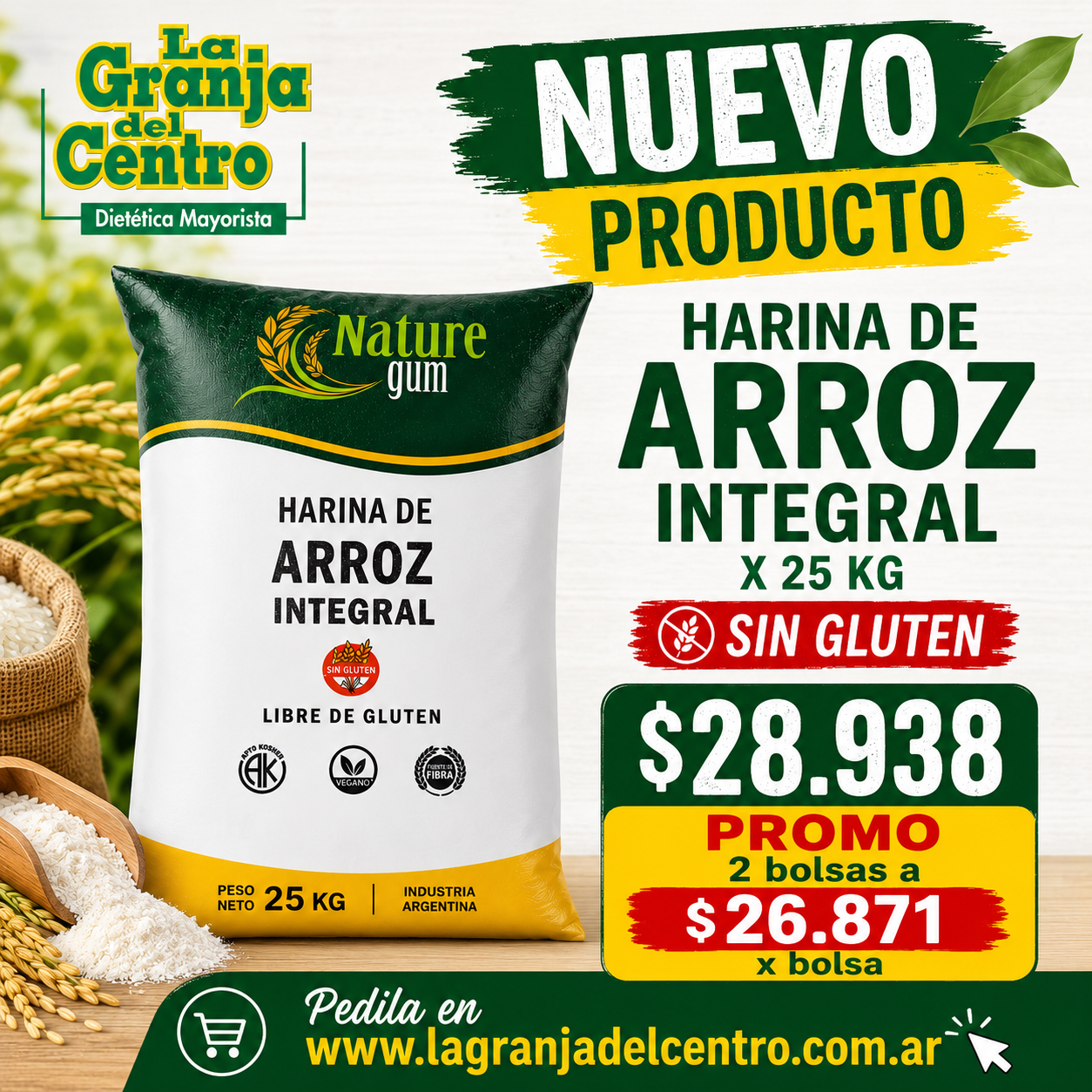 Novedades Productos HARINA DE ARROZ INTEGRAL X 25 KG sin gluten